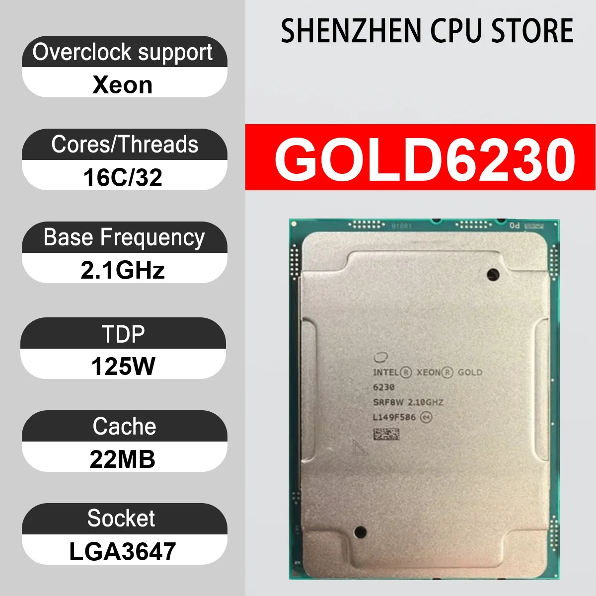 Intel Xeon GOLD6230 16 Core 32 Thread 2.1GHz 125W 22MB Cache 14nm Cascade Lake-SP DDR4-2933 MHz SRF9H LGA 3647