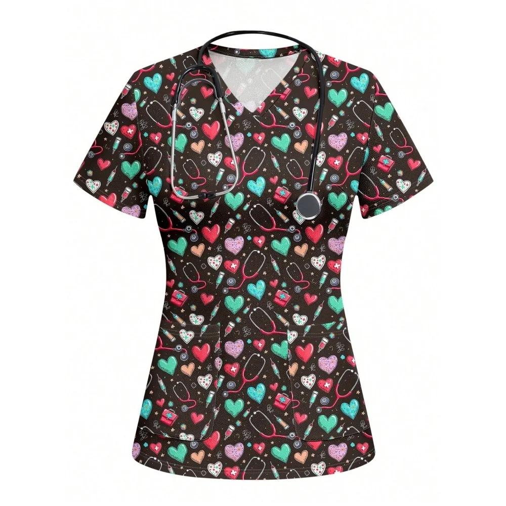Heart Print V-Neck Stretchy Medical Uniform for Women Casual Short Sleeve Patched Pockets Tops Scrubs Medical Uniforms Woman