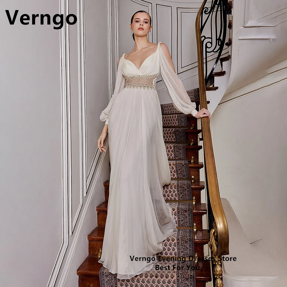 Verngo White Chiffon Evening Dress For Women A Line Sequined Party Dress Sweetheart Puff Sleeves Greece Prom Gowns