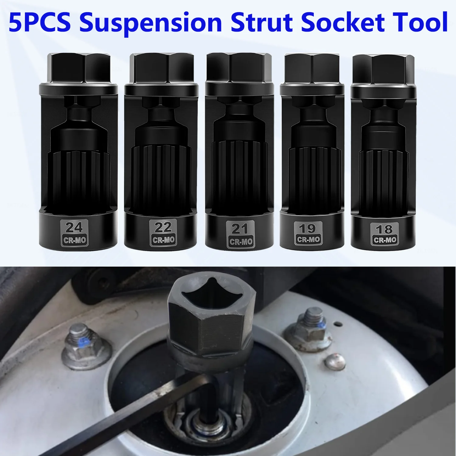 5-piece suspension strut nut sleeve set, 18mm, 19mm, 21mm, 22mm, 24mm, for removing and installing shock absorber strut nuts.