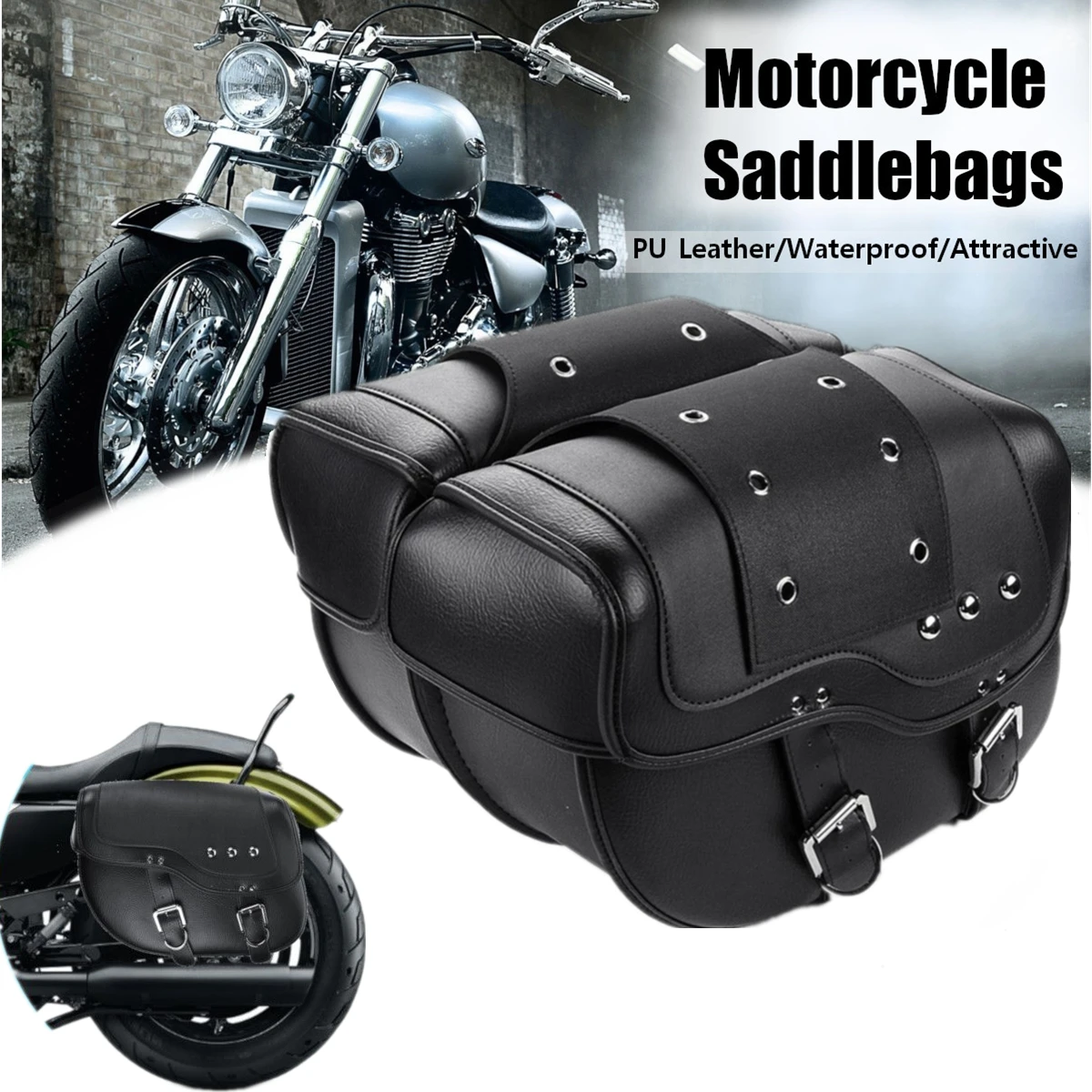 2pcs Universal Motorcycle Saddlebag PU Leather Side Saddle Bag Storage Luggage Bag for Honda/Suzuki/Kawasaki/Yamaha