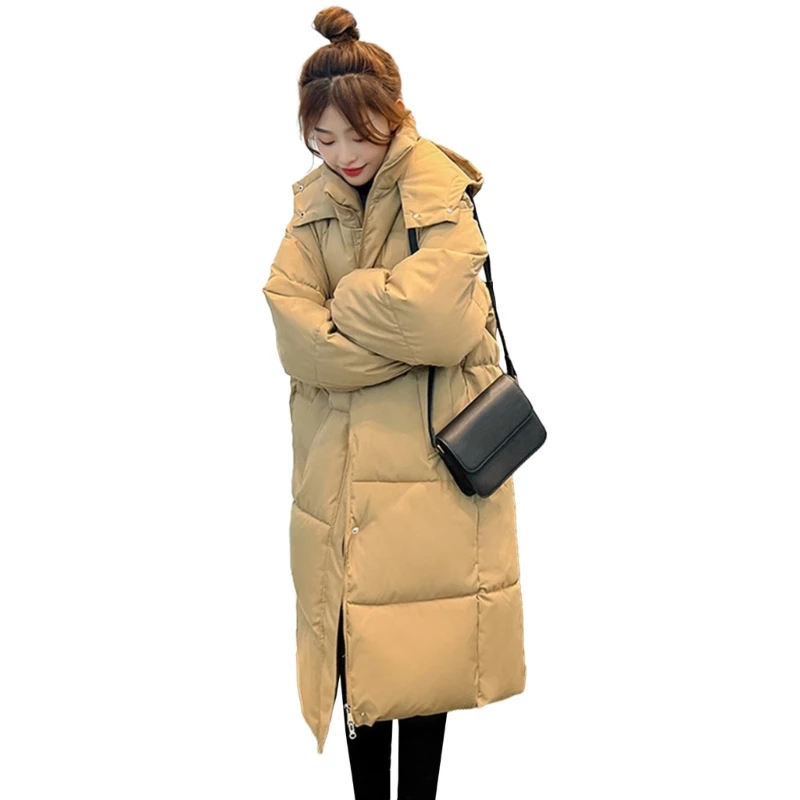 Women Winter Thickened Down Zipper Padded Hooded Long Puffer Coat