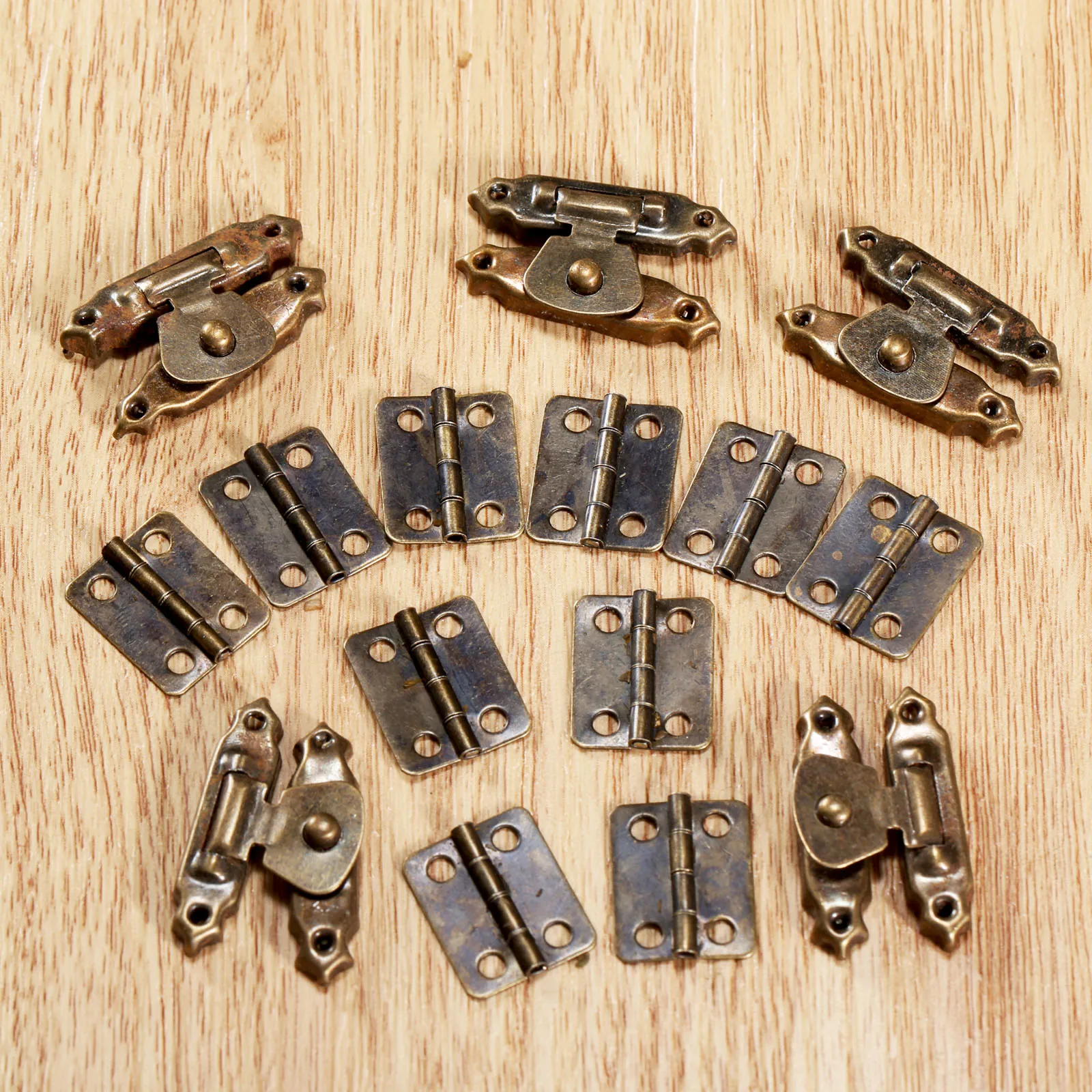 10Pcs Antique Bronze Furniture  Cabinet Hinges + 5Pcs Jewelry Wooden Box CaseToggle Hasp Latch Iron Vintage Hardware Accessories