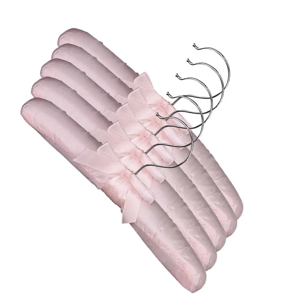 5Pcs Satin Padded Clothes Hangers Pink Smooth Sponge Core Chrome Hook for Delicate Sleeveless Clothing Wrinkle-Free Wardrobe