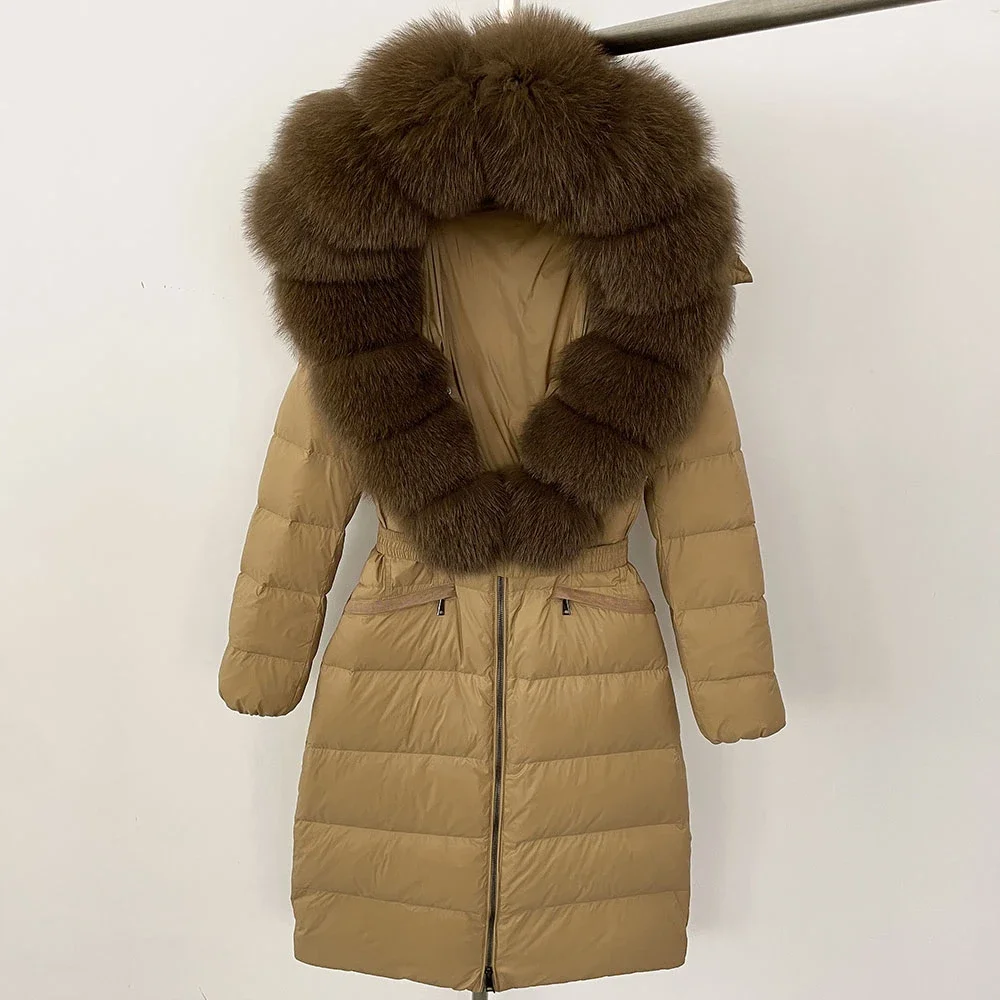 

New White Duck Down Coat Real Natural Fox Fur Collar Coat Female Hooded Thick Warm Streetwear Winter Long Puffer Jacket Women
