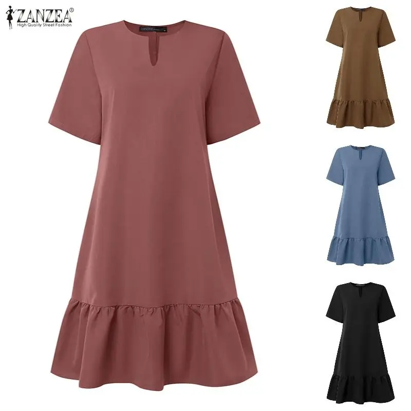 Sommerkleid 2026 ZANZEA Elegantes Damen V-Ausschnitt Kurzarm Arbeitskleid Stilvolles Lässiges Einfarbiges Knielanges Kleid Vestidos