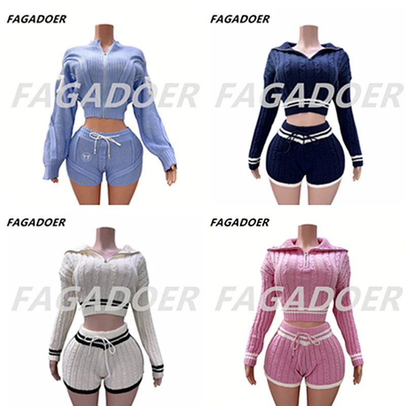 FAGADOER Sweet Knit 2 Piece Sets Women Outfit Female Lapel Zip Stripe Patchwork Crop Top And Drawstring Waist Shorts Suits New