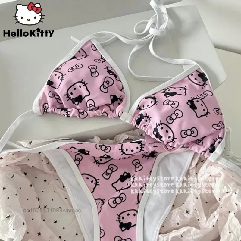 Słodki zestaw Bikini śliczne Cartoon Girl Sanrio Hello Kitty Pink pływanie 2024 nowy seksowny strój kąpielowy letni odzież codzienna plażowy