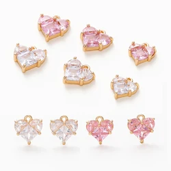 4pcs/lot 18K Gold Colors Clear Pink Heart Zircon Rhinestone Brass Pendants Bracelet Charm For Necklace Jewelry Making Findings