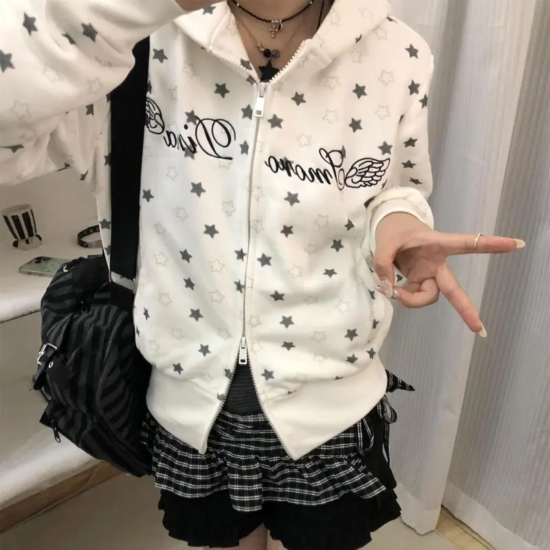 ファッションレター刺繍パーカー女性服アメリカンスタープリント秋冬フリースフード付きカジュアルジッパースウェットシャツ