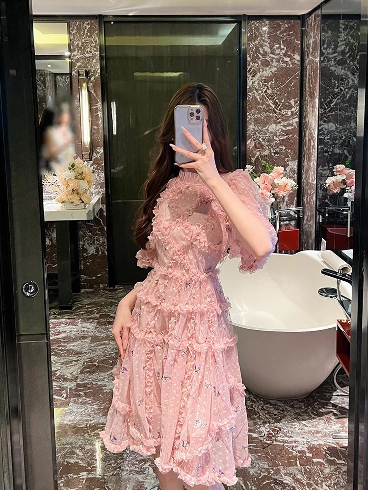 

Elegant Fairy Tale Style Pink Chiffon Dress with Wood Grain High Waist A-Line Skirt Short Sleeve Summer New Arrival