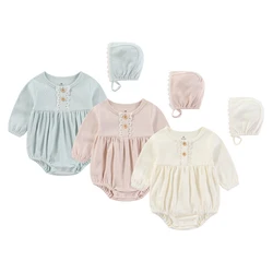 2 Pieces Cotton Bodysuit +Hat Lace Baby Girls Clothes Sets 6-24M Newborn Baby Girl Jumpsuit Long Sleeve Solid Color Print Bebes