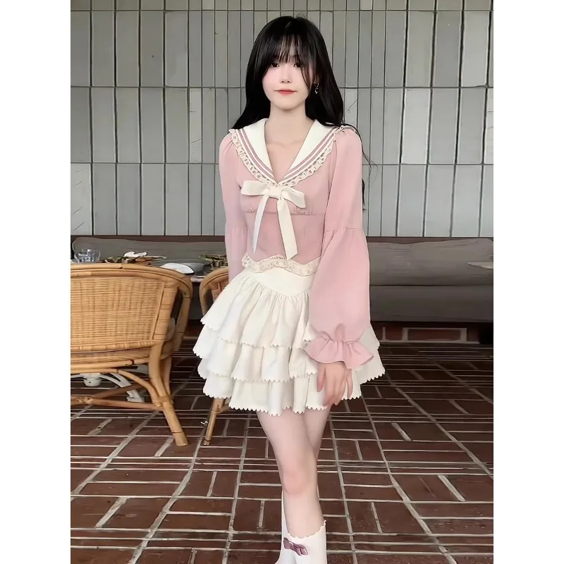 French New Bow Sweet Lace Pink Blouse Kawaii Ballet Design Mini Skirt Fashion High Street Youthful Women's Two-piece Set