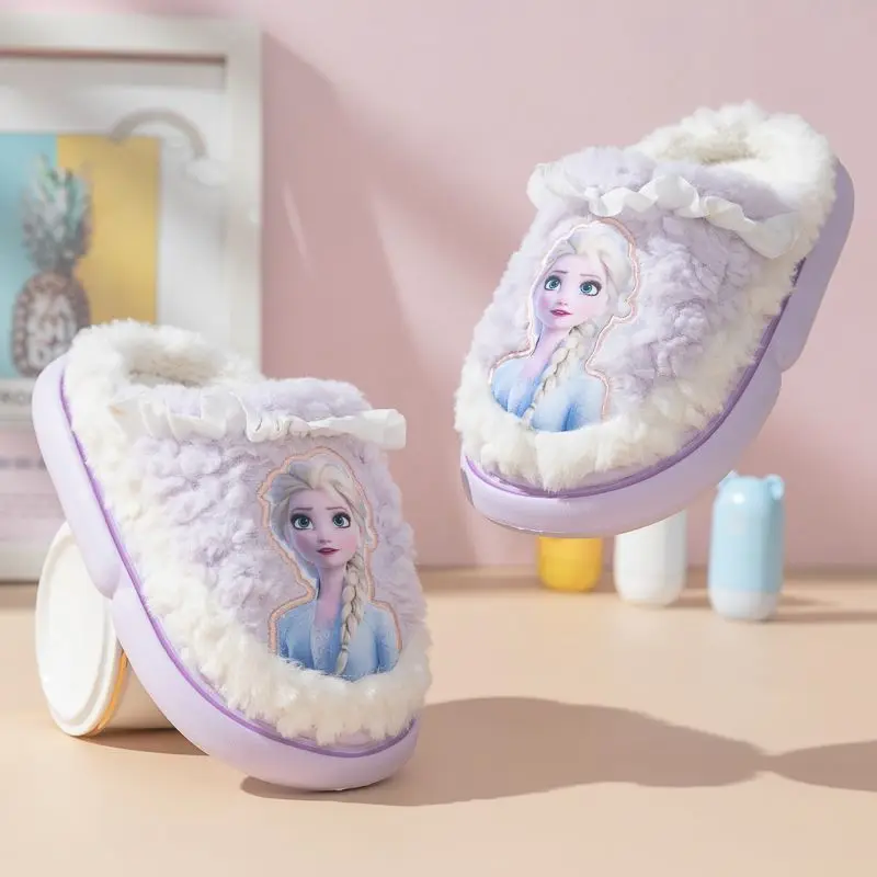 Disney Princess Elsa Winter Children\'s Cotton Slippers Girls\' Frozen Non slip Warm Cartoon Baby Slippers Pink Blue Shoes Size 24