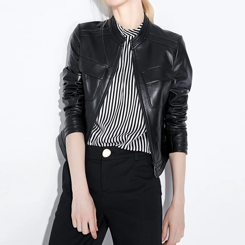 100% Genuine Lambskin Women's Black Stand Collar Zipper Jackets Fashion Streetwear Female Zipper Casual Motorcycle Short Jackets