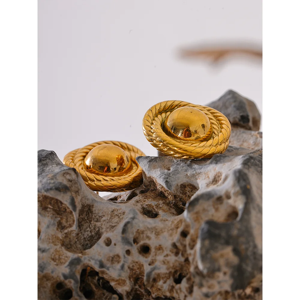 Yhpup Fashion Trendy Stainless Steel Metal Round Stud Earrings Prevent Allergy 18K Gold PVD Plated Versatile Daily Jewelry Women