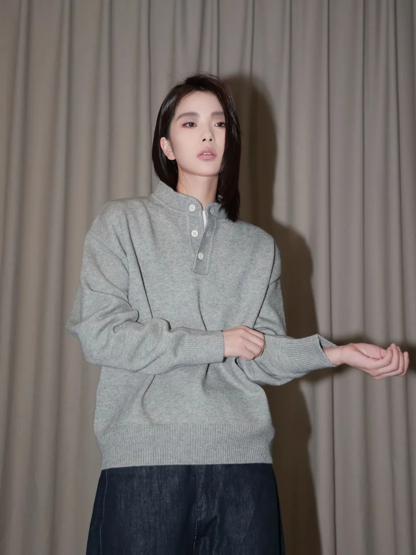 

Light ey Men's Oversize Long Sve Henry Collar Knitwear Early Autumn Base irt American Retro Sle Breathable Polyester