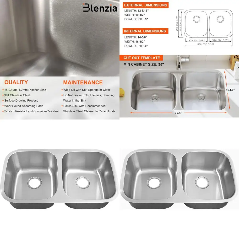 

32 50/50 Stainless Steel Commercial Grade Undermount Double Bowl Kitchen Sink, 18 Gauge, Satin Finish