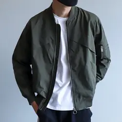 Jaqueta masculina monocromática com zíper, gola em pé, manga longa, roupa versátil, simples, nova tendência, primavera e outono