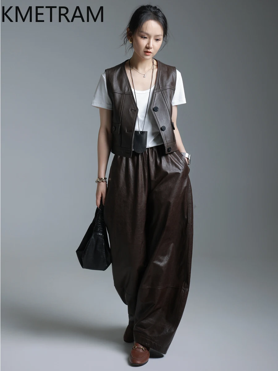 KMETRAM Chaleco de piel de oveja Natural, chaqueta de cuero informal a la moda para mujer, ropa de abrigo corta de otoño 2025, nouveaux prendas de vestir exteriores