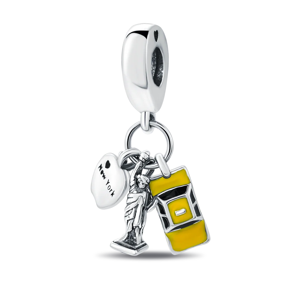 Silver Plated Dangle Charm Bead, New York Liberty & Taxi With Yellow Enamel Bead Fits European Bracelet Nice Travel Souvenir