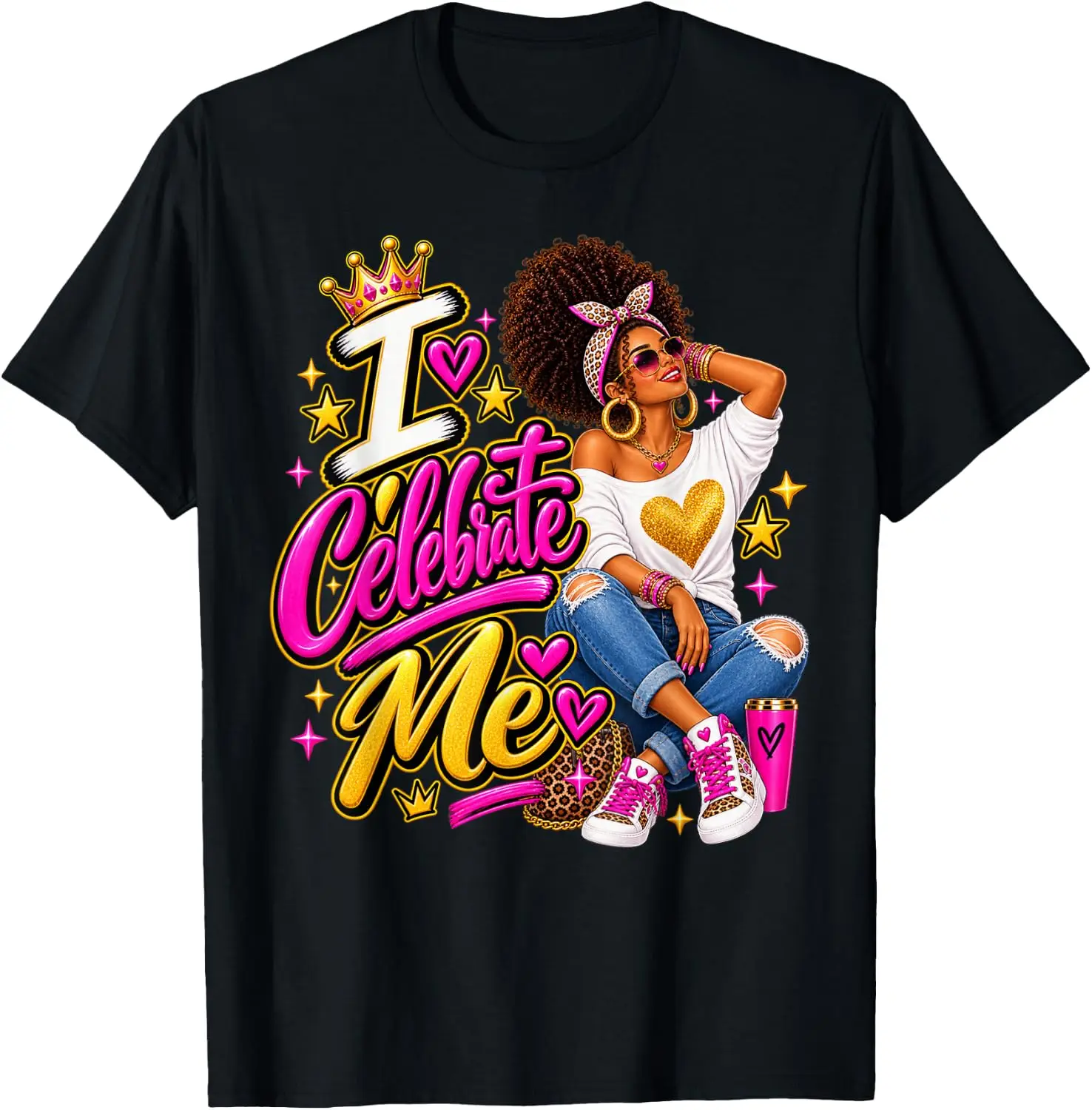 I Celebrate Me Queen Self Love Black Woman Confidence T-Shirt Versatile, heavyweight pure cotton short-sleeve tee—trendy, thick fabric; a great gift for Christmas or Halloween.