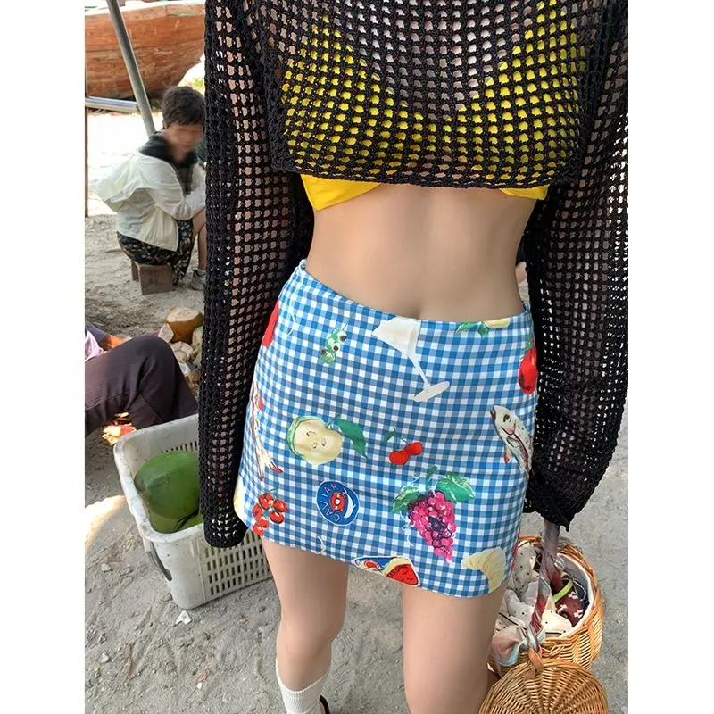 Summer Woman Korean Fashion Cute Core Fruit Printing Mini A-Line Skirt Graphic Plaid Skirt Sweet Girl High Waist Hip Skirt