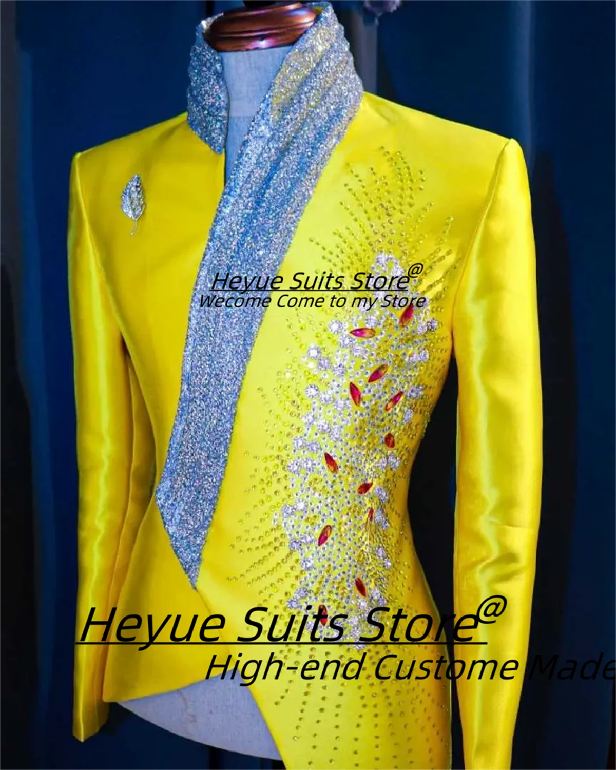 Luxuly Shiny Yellow Men Suits Customized Diamond Formal Groom Wedding Tuxedos 2 Pieces Sets Male Party Blazers Prom Ropa Hombe