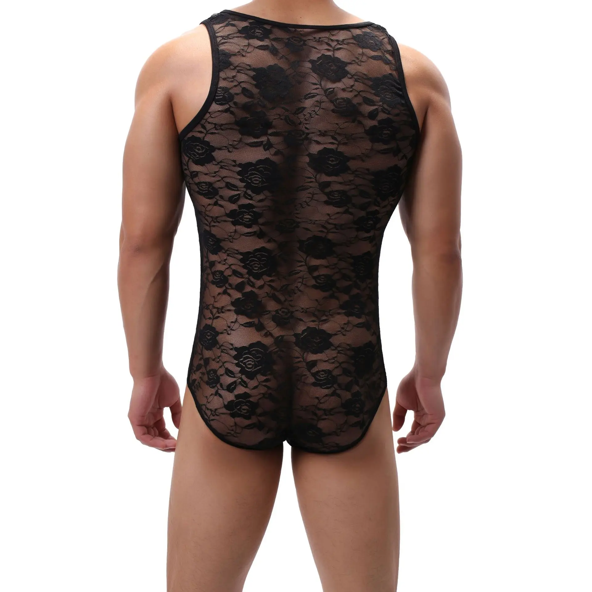 Men Undershirt Sexy Wrestling Suit Men Bodysuit Lace Jockstrap Gay Thong Swimsuit Transparent Bulge Pouch One-piece Shapers