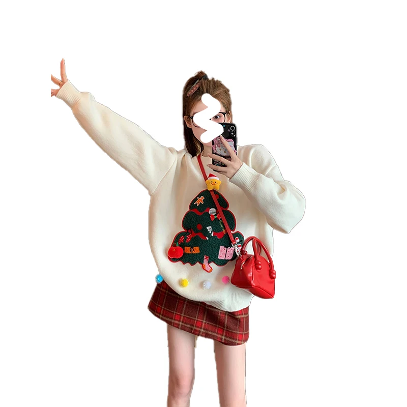 Autumn Winter New Year Women's Red Warrobe Sweater Skirt Set Two Pieces Sweet Sle Loose Fit Long Sve round Ne Sweater