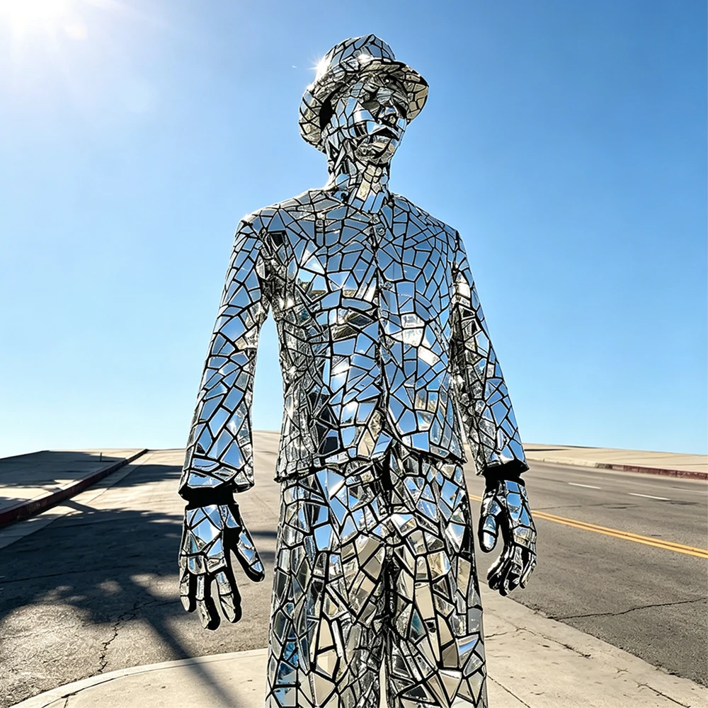

Silver Mirrored Reflection Stilt Walker Gentleman Suit for Stage Performance DJ Dancer Giant Costume Party Event Attire
