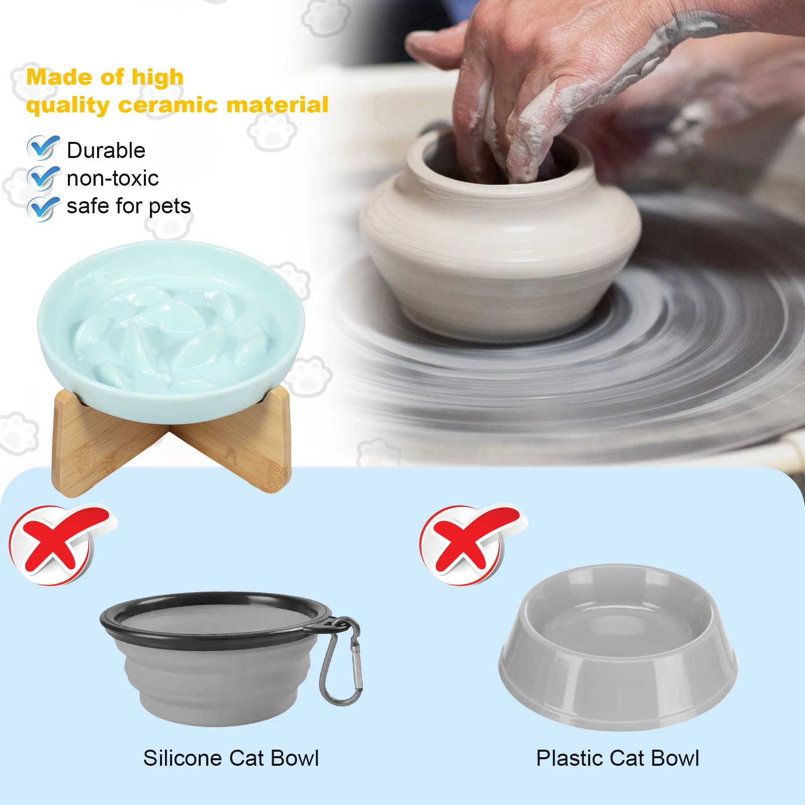 Ceramic Pet Slow Food Bowl Elevated Cat Bowls with Wood Stand Puppy Bowl Basin Neck Protection Cat Anti Choking Food Bowl