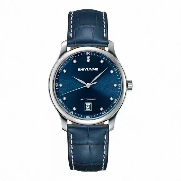 Moda relógio mecânico automático masculino artesão calendário esporte relógio preto azul couro