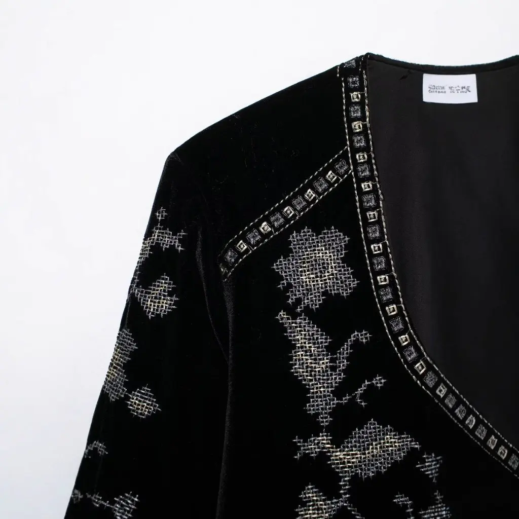 

European And American Fashion Embroidered Velvet Long Sleeve Cardigan Women's Spring New Style A35835