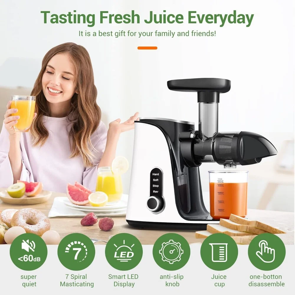 Juicer Machines Koude Pers Met Twee Snelheidsmodi En Led-Display, Reisfles En 2 Kopjes, Reinigingsborstel, Juicer