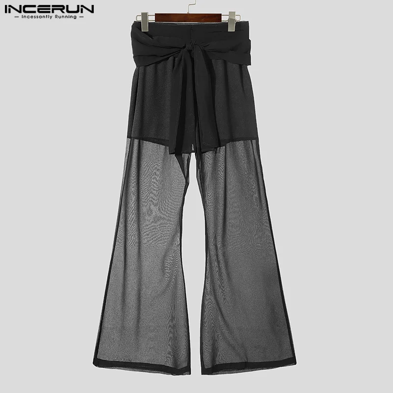 INCERUN Men Casual Long Pants 2024 Streamers Belt Mesh Splicing Trousers Hansome Male Wide Leg Bottoms Simple See Through Pants