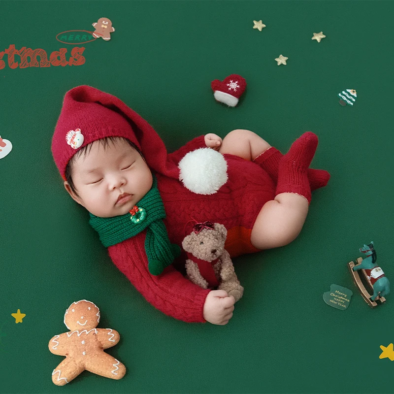 NEW Christmas Newborn Photography Outfit Baby Warm Red Knitted Romper+Beret/Pom-pom Hat+Green Scarf Festive Party Baby Costumes