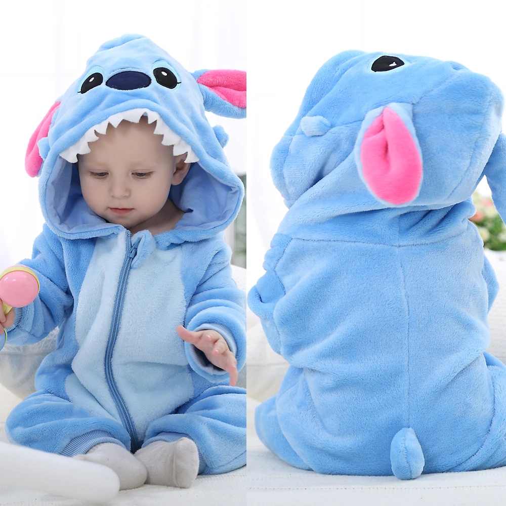 MINISO Newborn Baby Stitch Animal Cartoon Hooded Jumpsuits Winter Boy Pajamas Girls Onesies Kids Sleepwear Baby Pyjamas Kigurumi