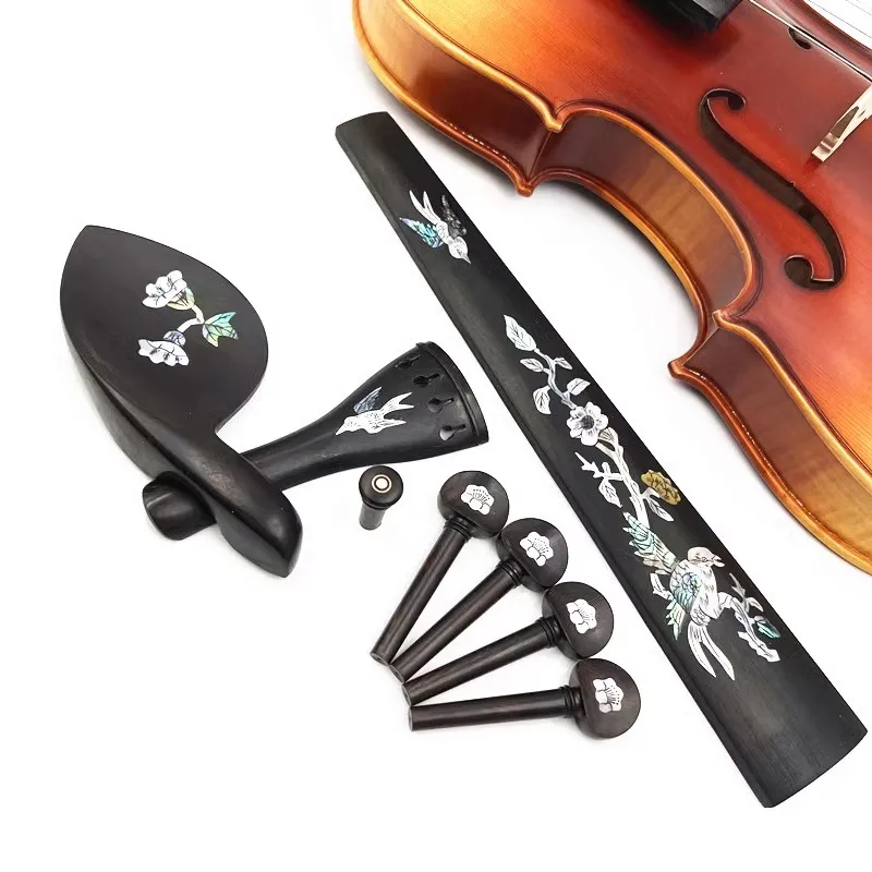 Perfecto 1 Juego de accesorios de piezas de ébano para violín 4/4, pieza trasera con patrón con incrustaciones + clavijas de afinación + pasadores + soporte para barbilla/soporte para barbilla + diapasón