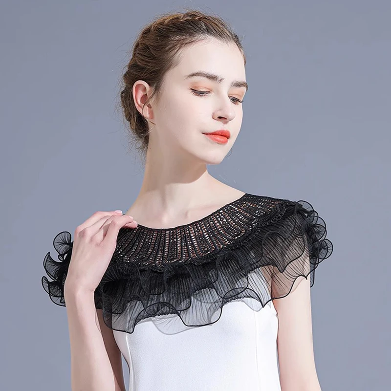 Fashion Ruffle Lace Shawl Fake Collar for Women Elegant Black White Mesh Shrug Wraps Shawl Summer Party Dress Accessories