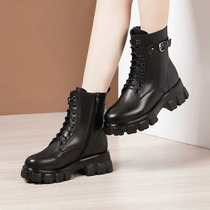 5cm Fashion Fall Winther Thick Bottom Genuine Leather Boots Platform Shoes with Fur 2024 Womens Med Square Heels Ankle Boots Mom