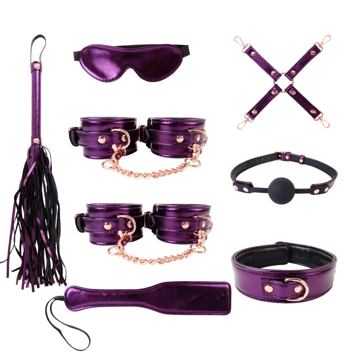 

8pcs Set BDSM Purple Leather Adjustable Sex Toys Bondage Handcuffs,Ankle Cuffs,Eye Mask,Whip,And Mouth Gag Adult Fun Supplies