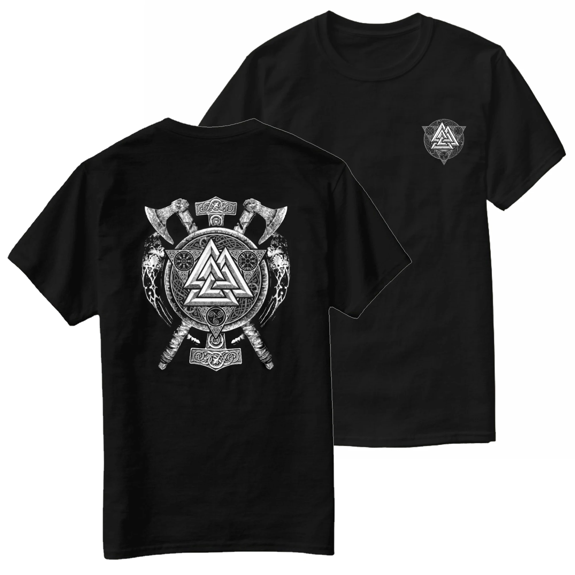 Camiseta con símbolo del mito nórdico de runas de Valknut, hacha de guerrero nórdico, nueva camiseta informal de manga corta con cuello redondo de algodón 100% para hombre