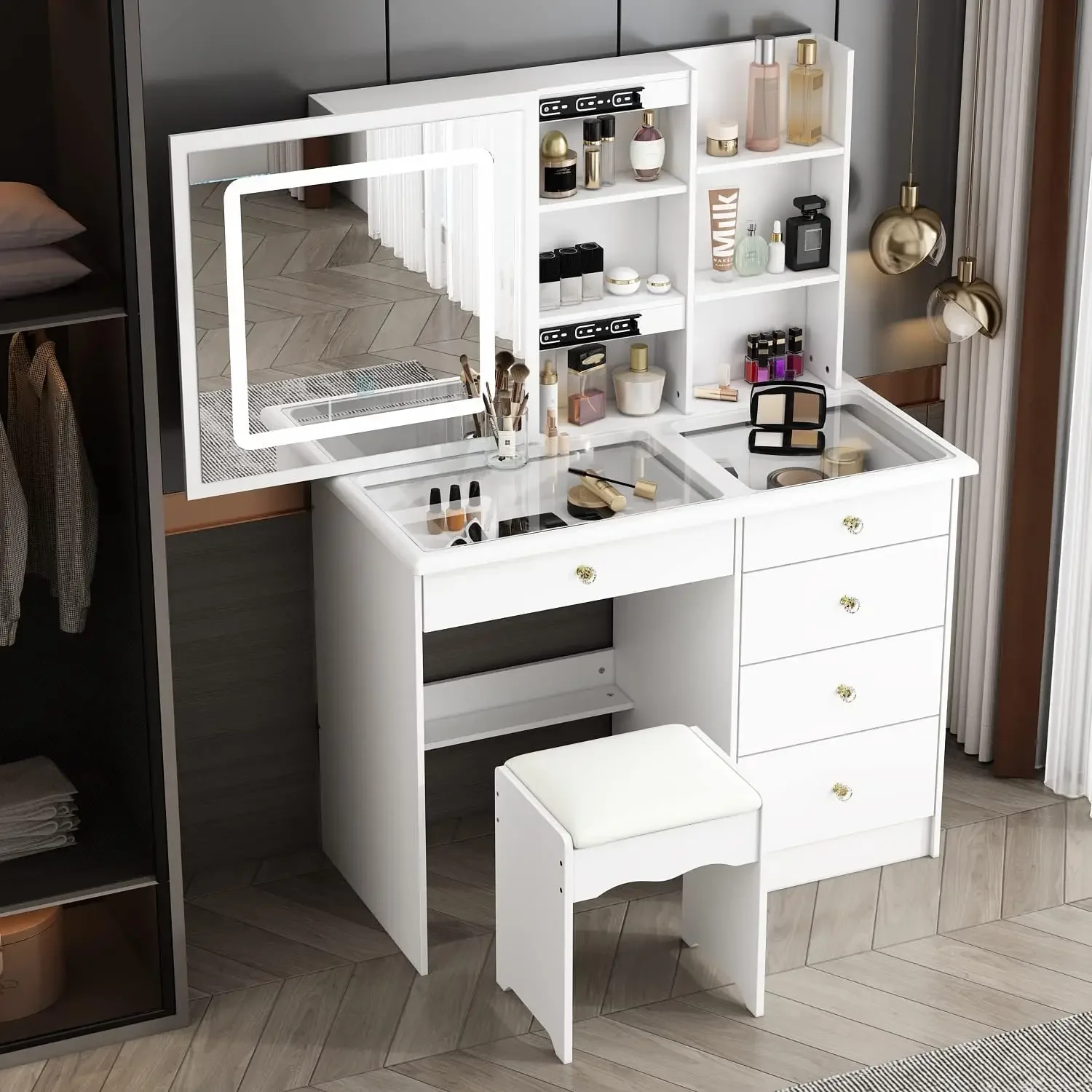 Vanity Desk Set Makeup Table with Large Sliding Lighted Mirror & Glass Top, Modern Dressing Table with Drawers