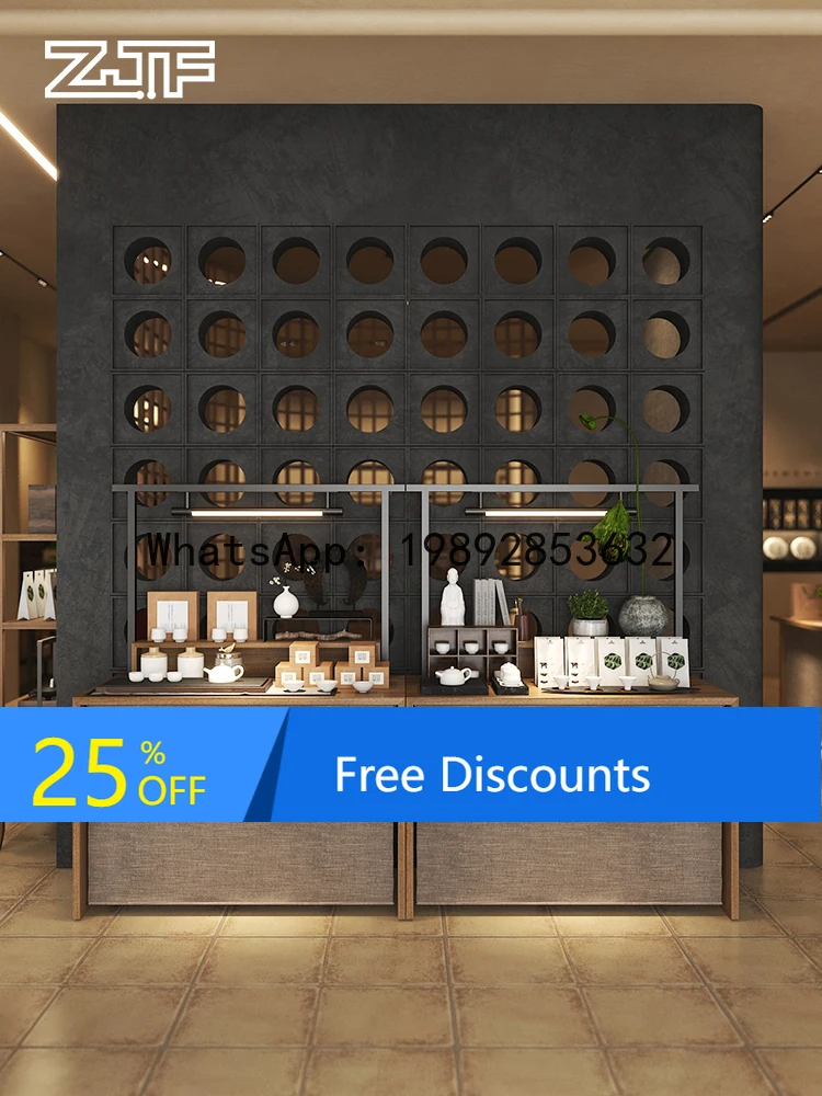 YFY Tea Shop Wall-Mounted Center Display Stand Tea Set Display Side Island with Light Sample Display Props New Model