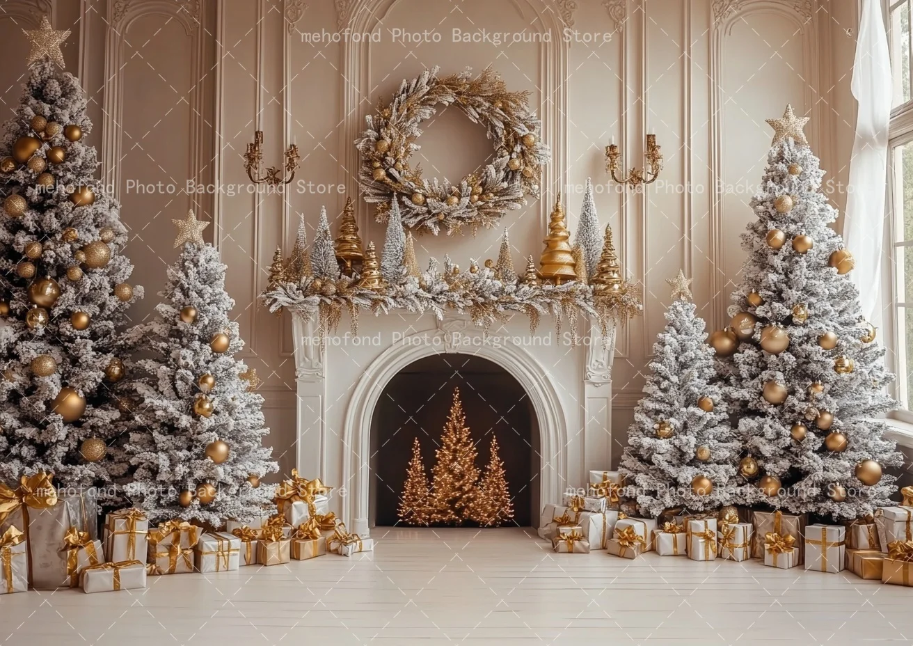 Mehofond Photography background Winter Christmas Fireplace Flame Gold Spherical Ornament Kids Family Portrait Backdrop Decor