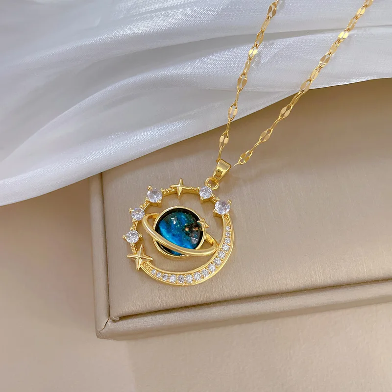 Exquisite Starry Sky Planet Light Luxurious Temperament Gorgeous Necklace Stars and Moon Versatile Stainless Steel Clavicle Chai