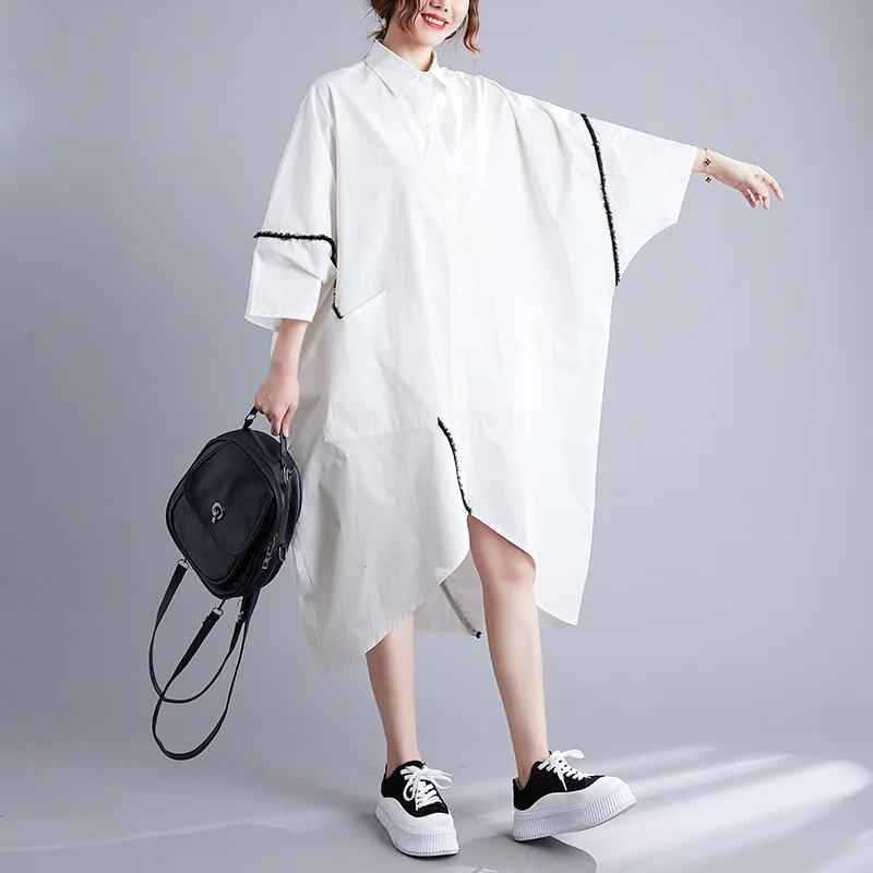 #3483 White Women Asymmetrical Shirt Dress Batwing Sleeve Loose Front Buttons Midi Dress Big Pockets Turn-down Collar Summer2023