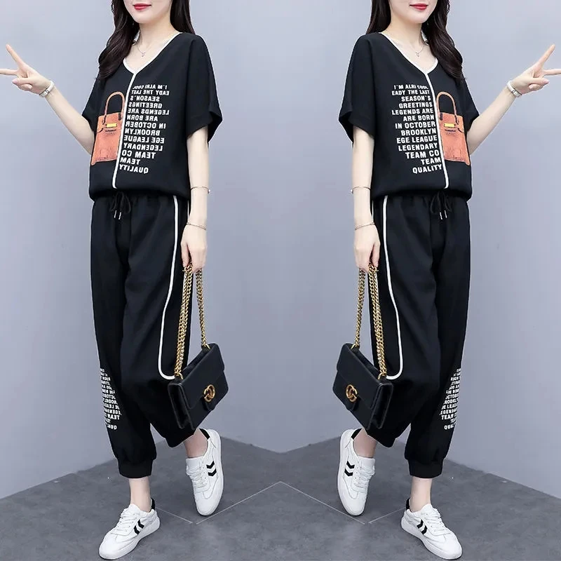 Women Sport Suit New Female Summer Short Sleeve And Pants Two Piece Set Women\'s Sportswear Female Pants Outfit Large Size 4XL