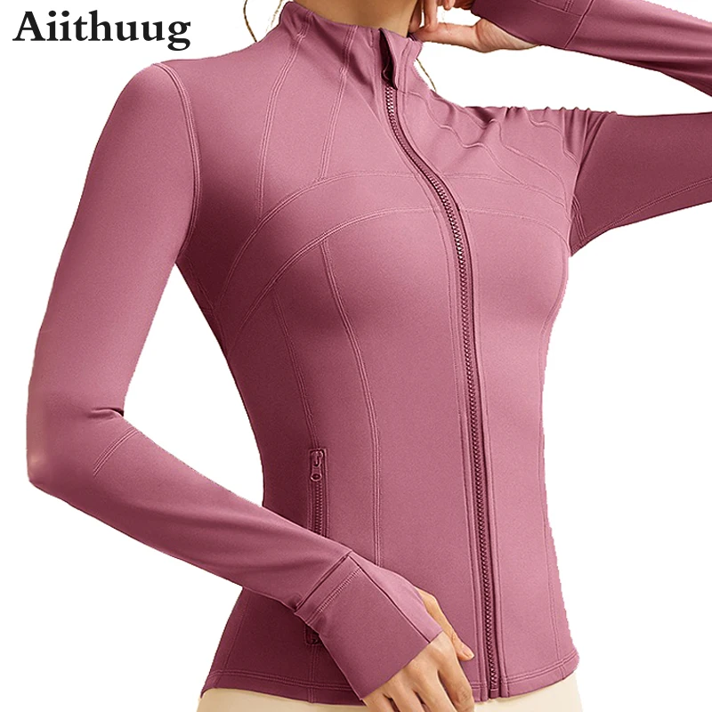 Aiithuug Full Zipper Thumbholes Yoga Jackets With Pockets Women\'s Stand-up Collar Slim Fit Coat Breathable Pilates Workout Tops